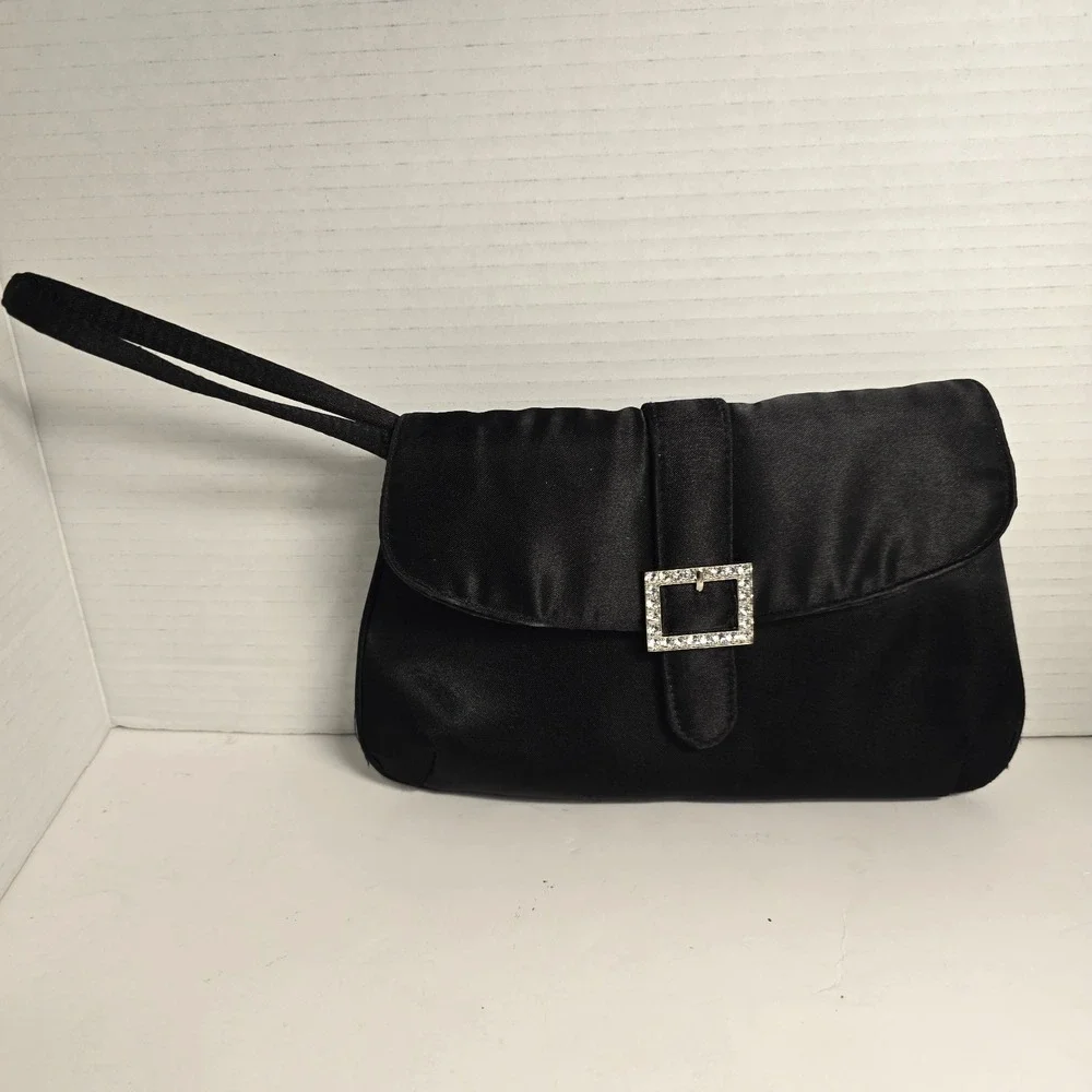 Black Satin‎ Clutch Evening Bag Rhinestone Buckle Wristlet Formal Party
